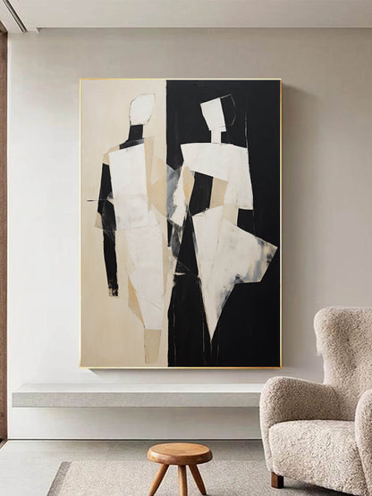 Abstract Minimalist Oil Painting with Elegant Figures in Bold Black and White