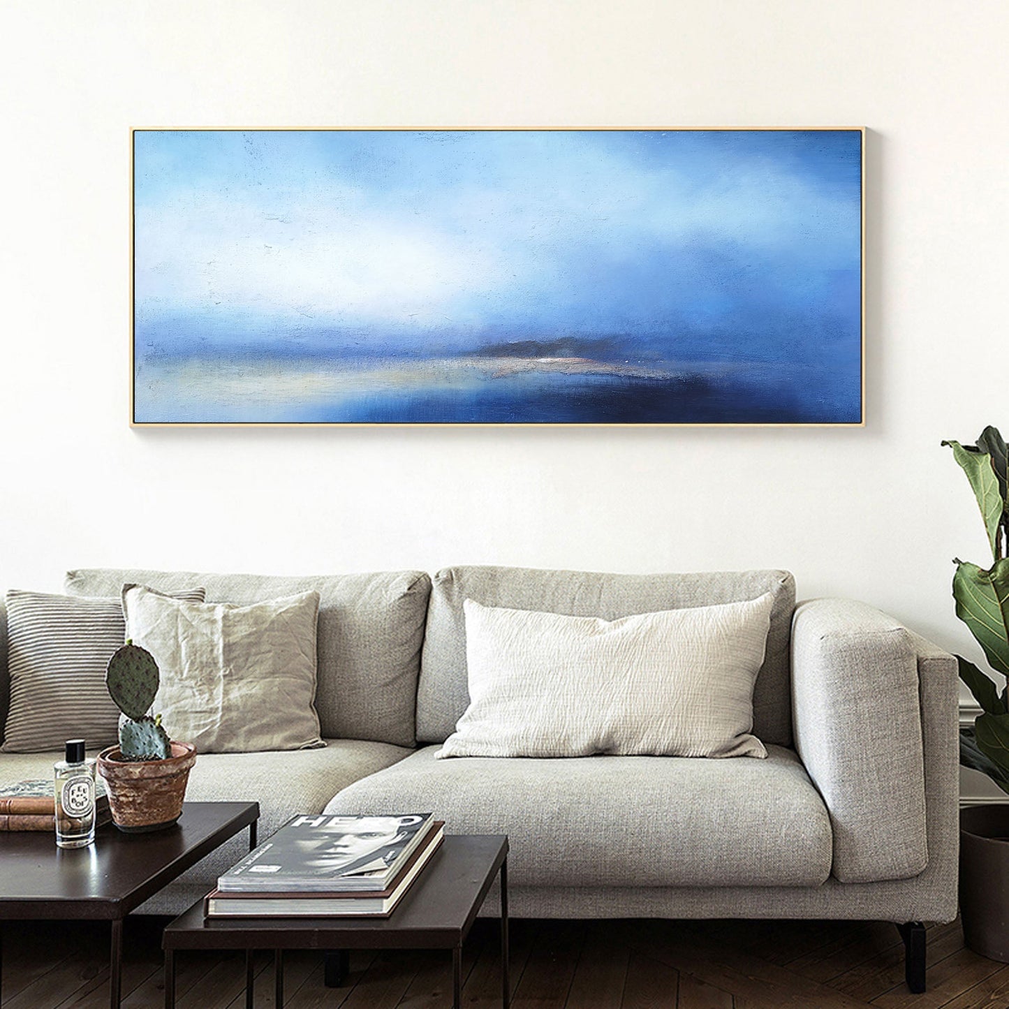 Serene Blue Ocean Horizon Abstract Oil Painting for Tranquil Home Decor