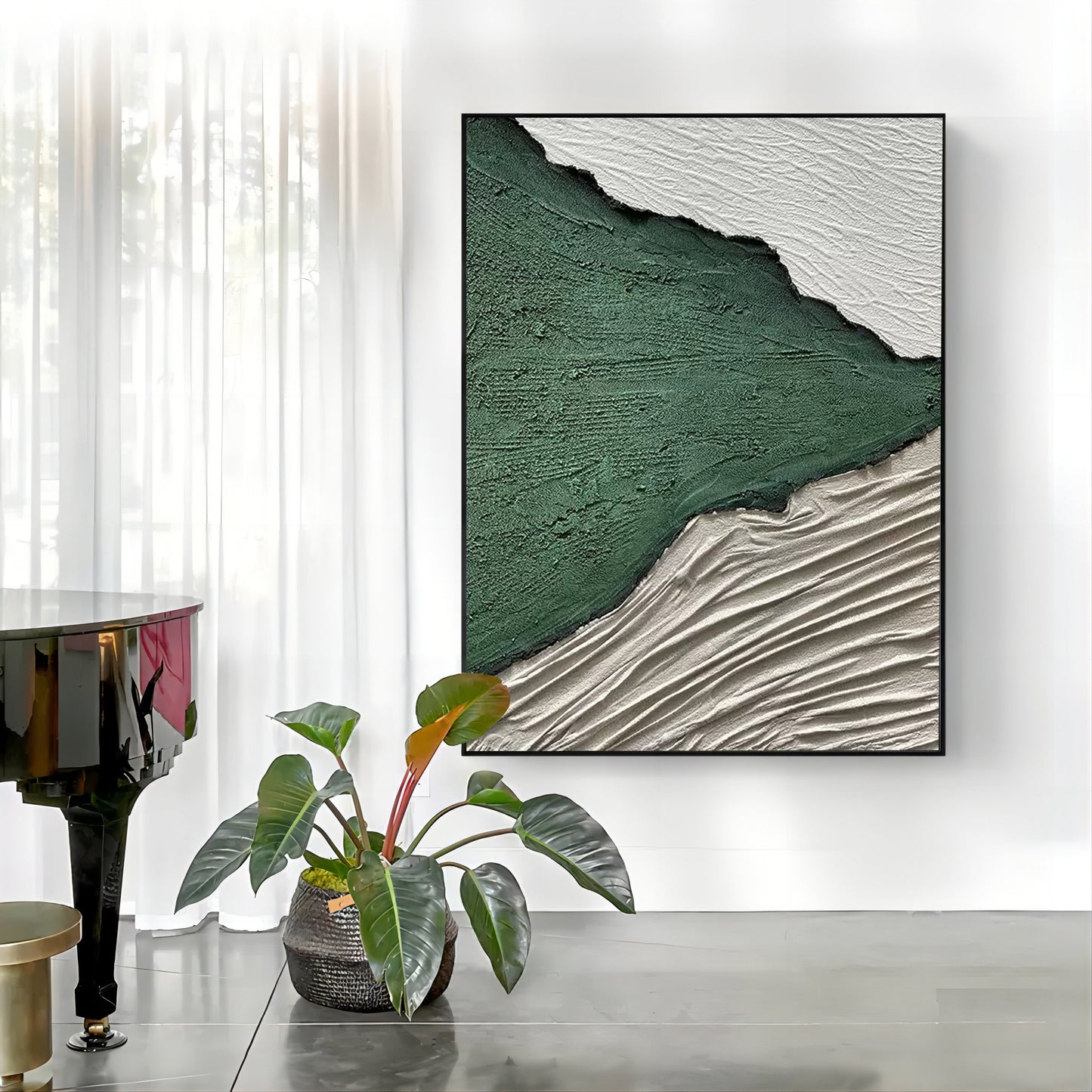 Textured Green and White Abstract Oil Painting for Modern Decor