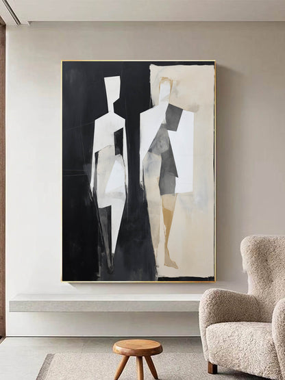 Abstract Minimalist Oil Painting of Elegant Human Forms in Black and White