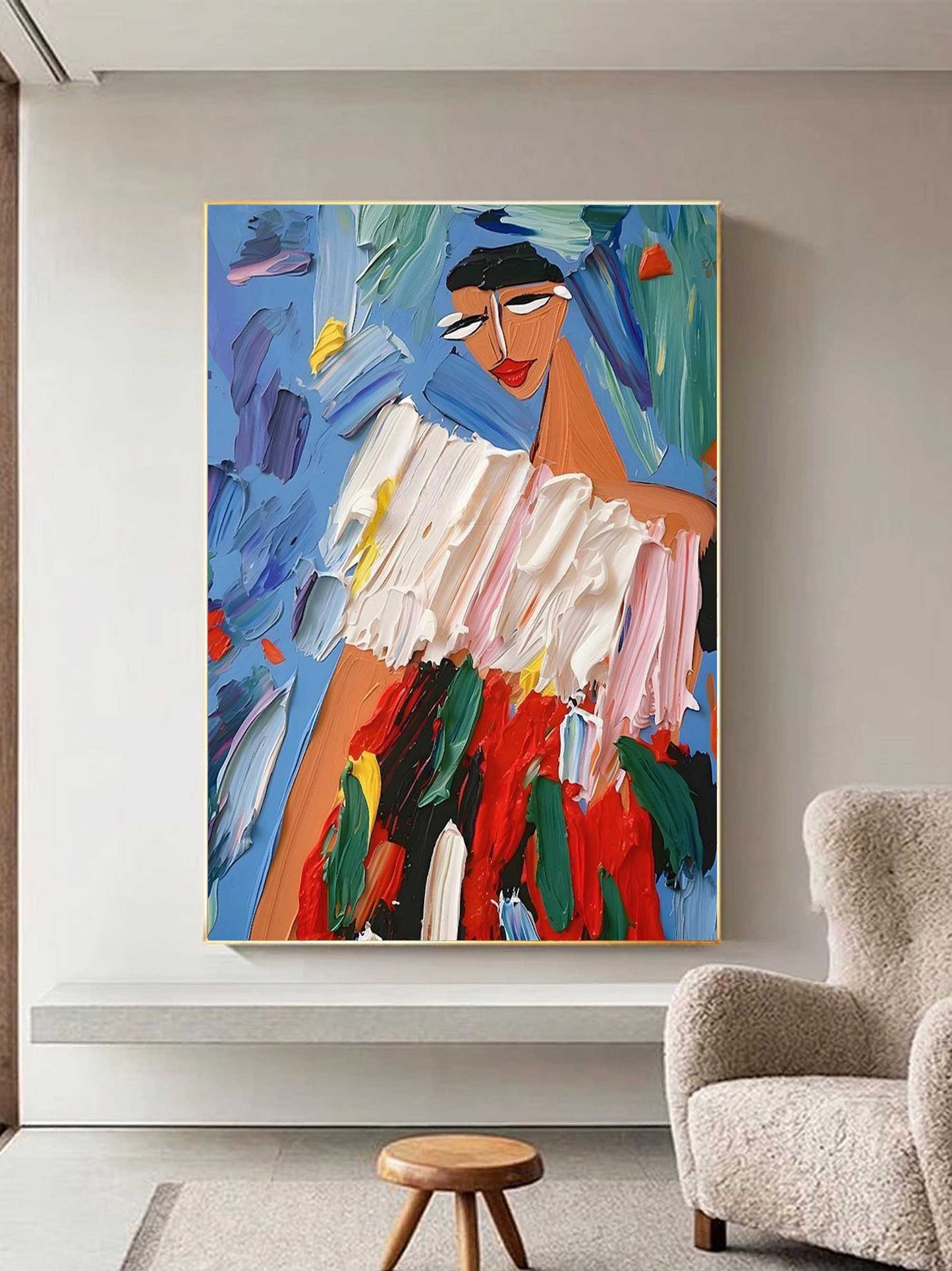 Vibrant Abstract Oil Painting of a Woman in Colorful Attire and Expressive Background