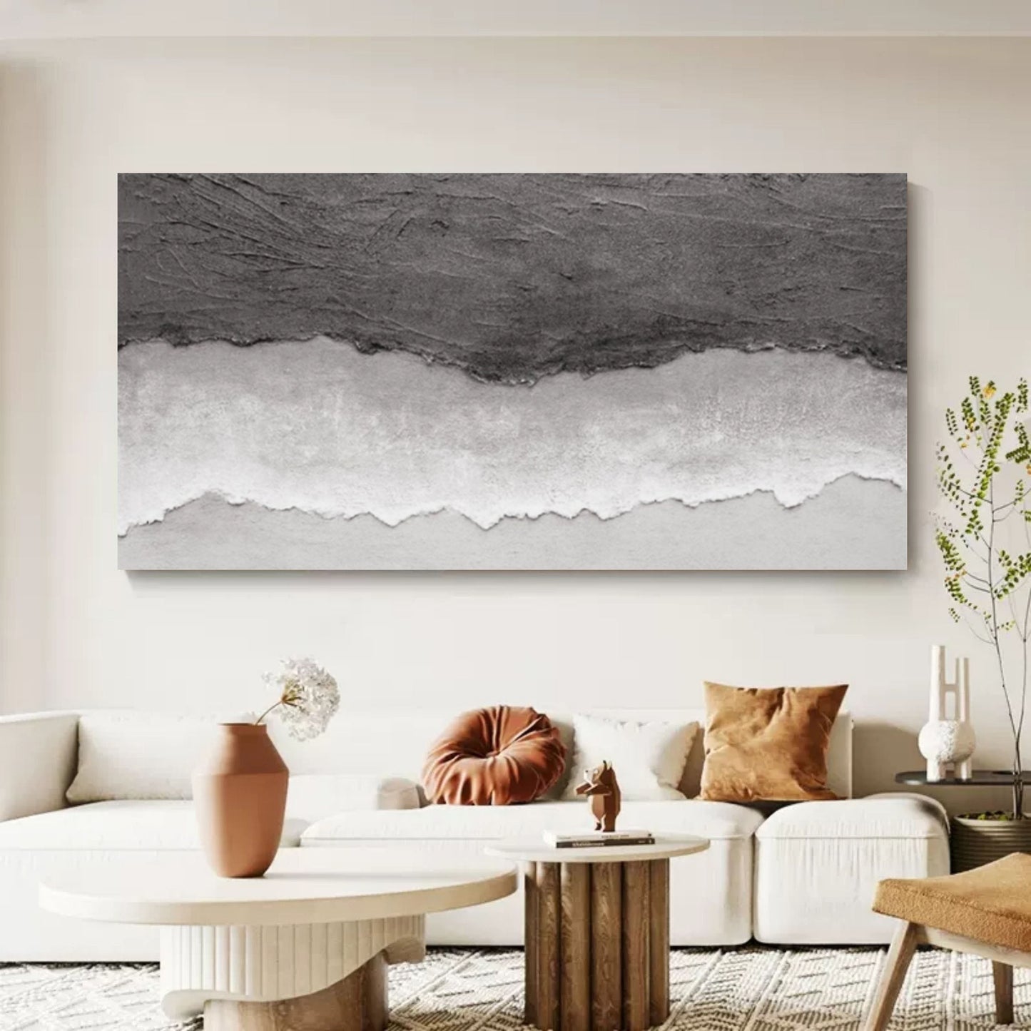 Textured Monochrome Abstract Oil Painting for Modern Home Decor