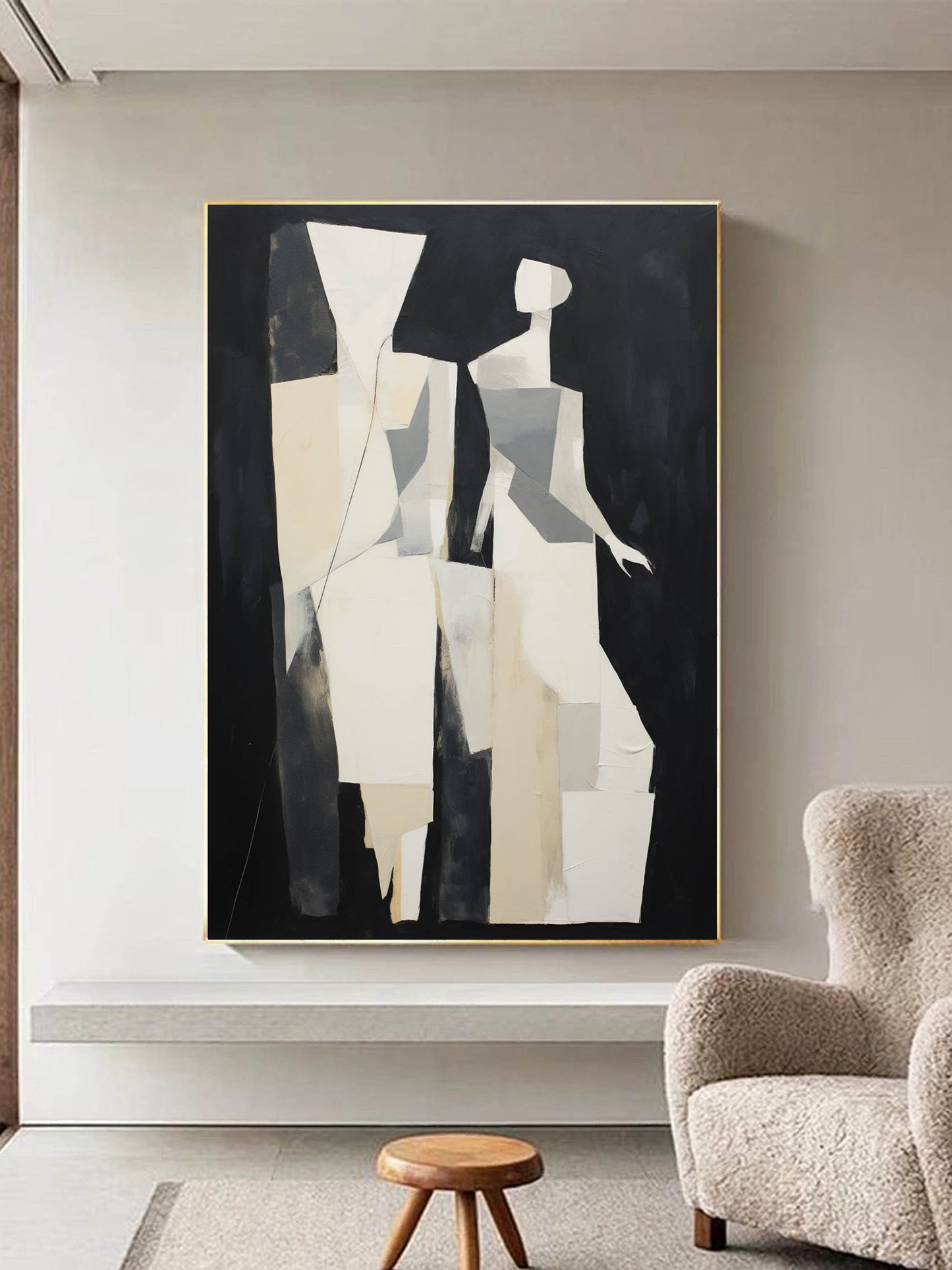 Abstract Minimalist Oil Painting of Stylized Figures in Black and White