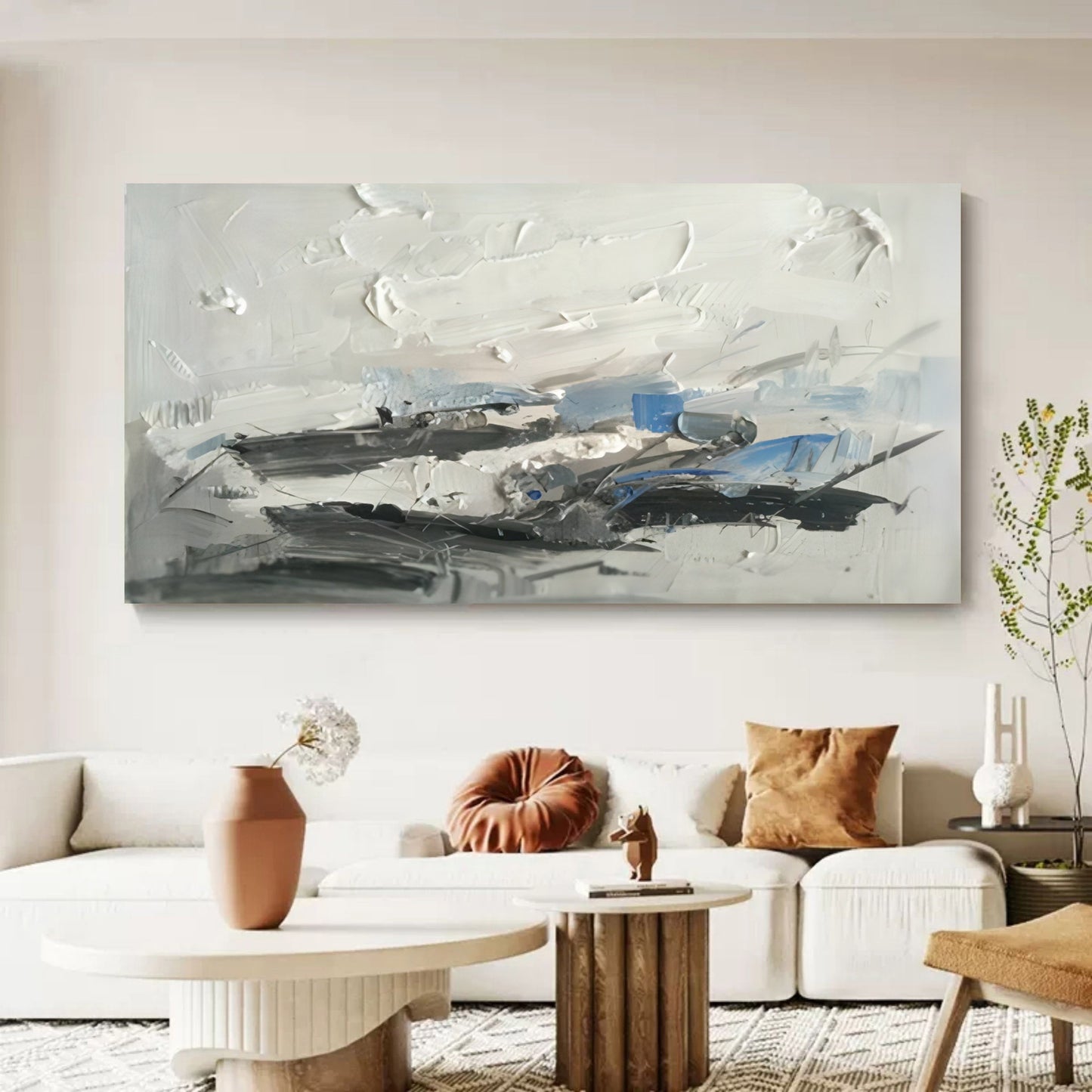 Abstract Textured Oil Painting in Blue and White - Contemporary Wall Art
