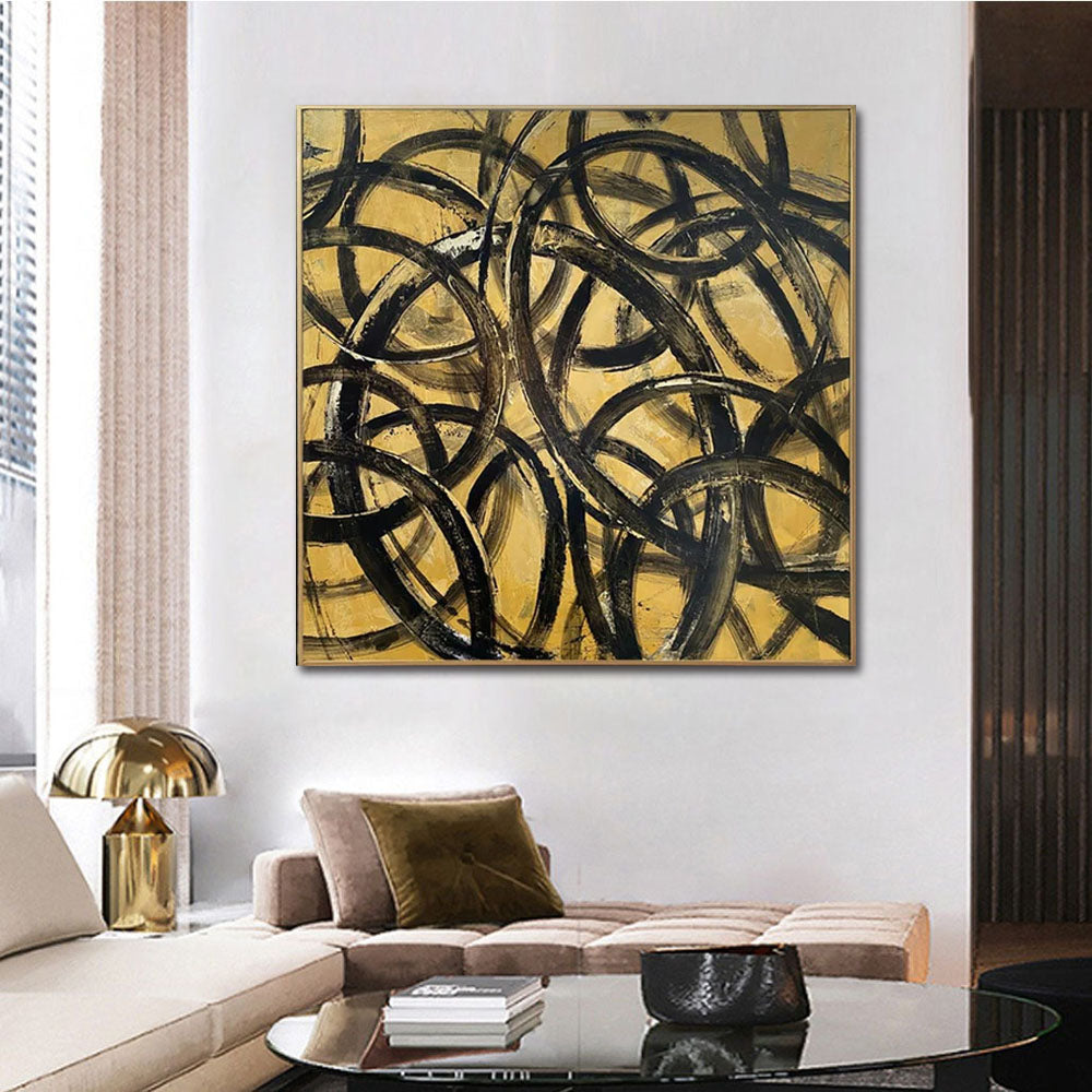 Abstract Black and Gold Infinity Circles Oil Painting for Modern Decor