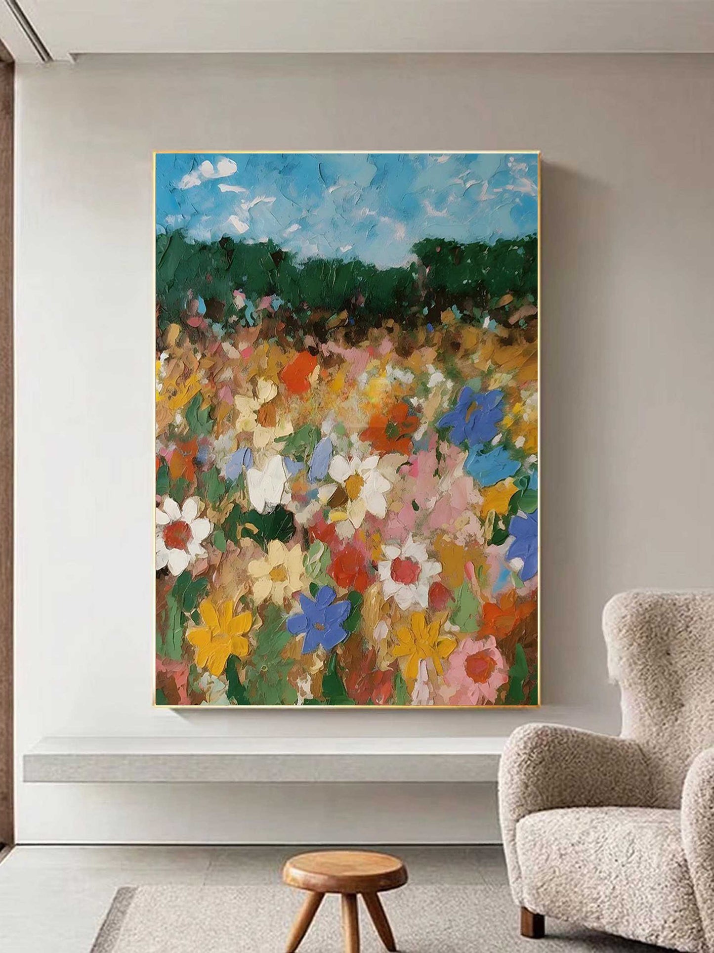 Vibrant Floral Landscape Oil Painting - Colorful Flower Field Art Piece for Home Decor