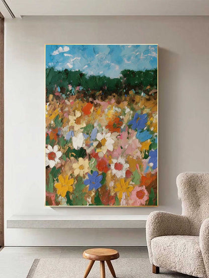 Vibrant Floral Landscape Oil Painting - Colorful Flower Field Art Piece for Home Decor