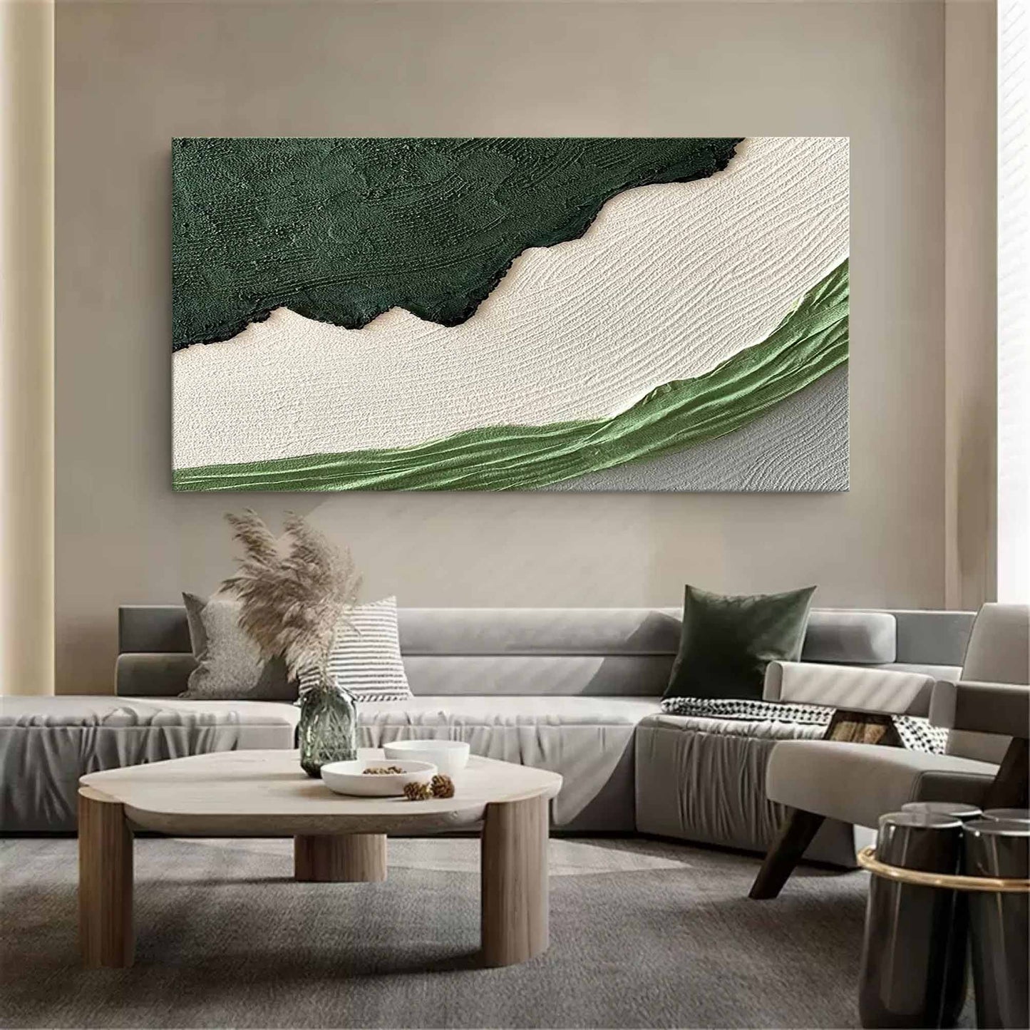 Abstract Green and White Textured Oil Painting for Modern Home Decor