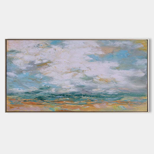 Vivid Coastal Dreamscape Oil Painting with Waves and Dramatic Clouds