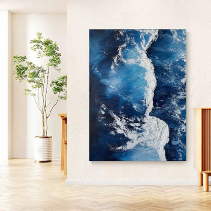 Stunning Abstract Blue Oil Painting with Textured Plaster Finish for Modern Decor