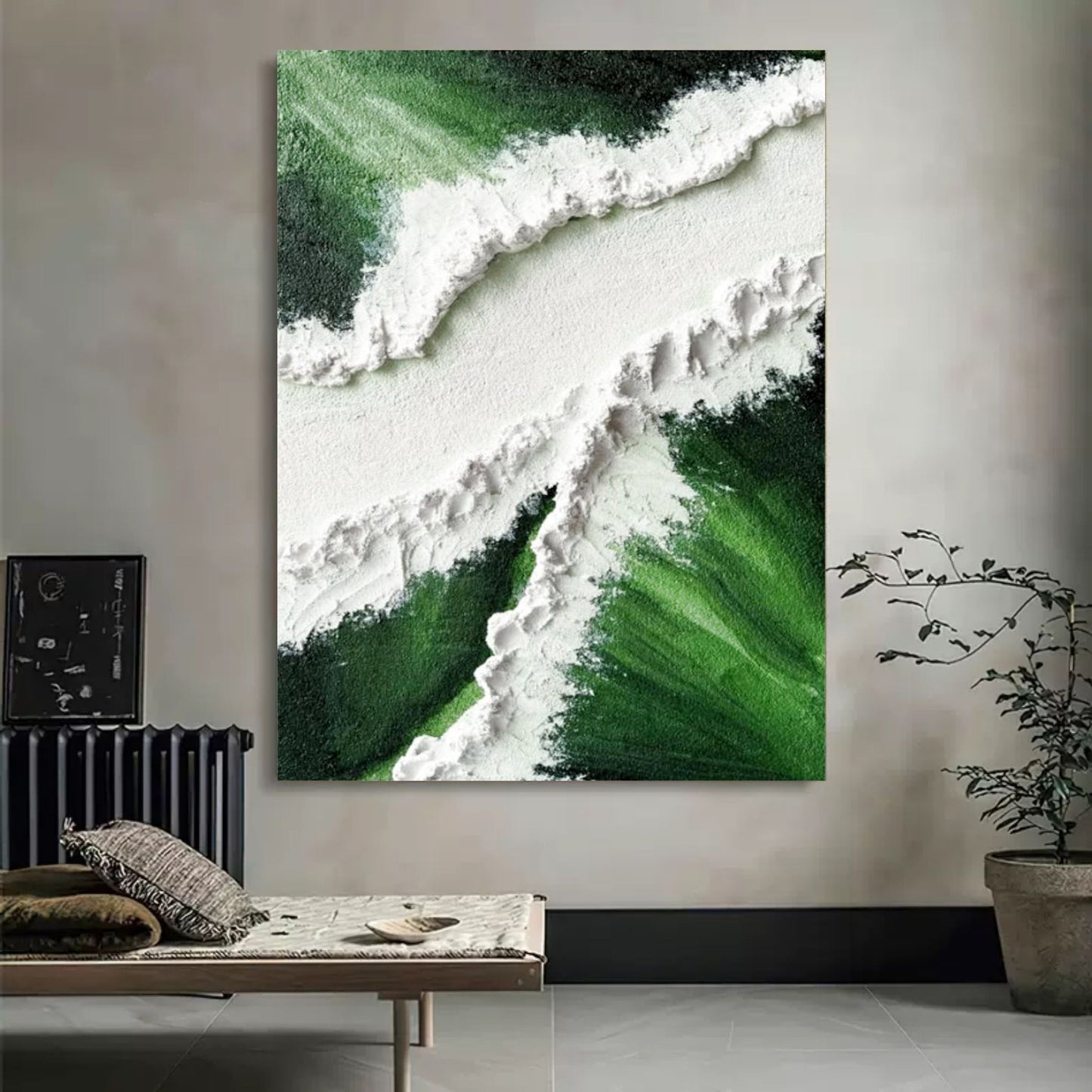 Textured Green and White Abstract Oil Painting for Modern Home Decor