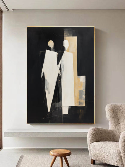 Abstract Minimalist Oil Painting of Figures in Elegant Black and White