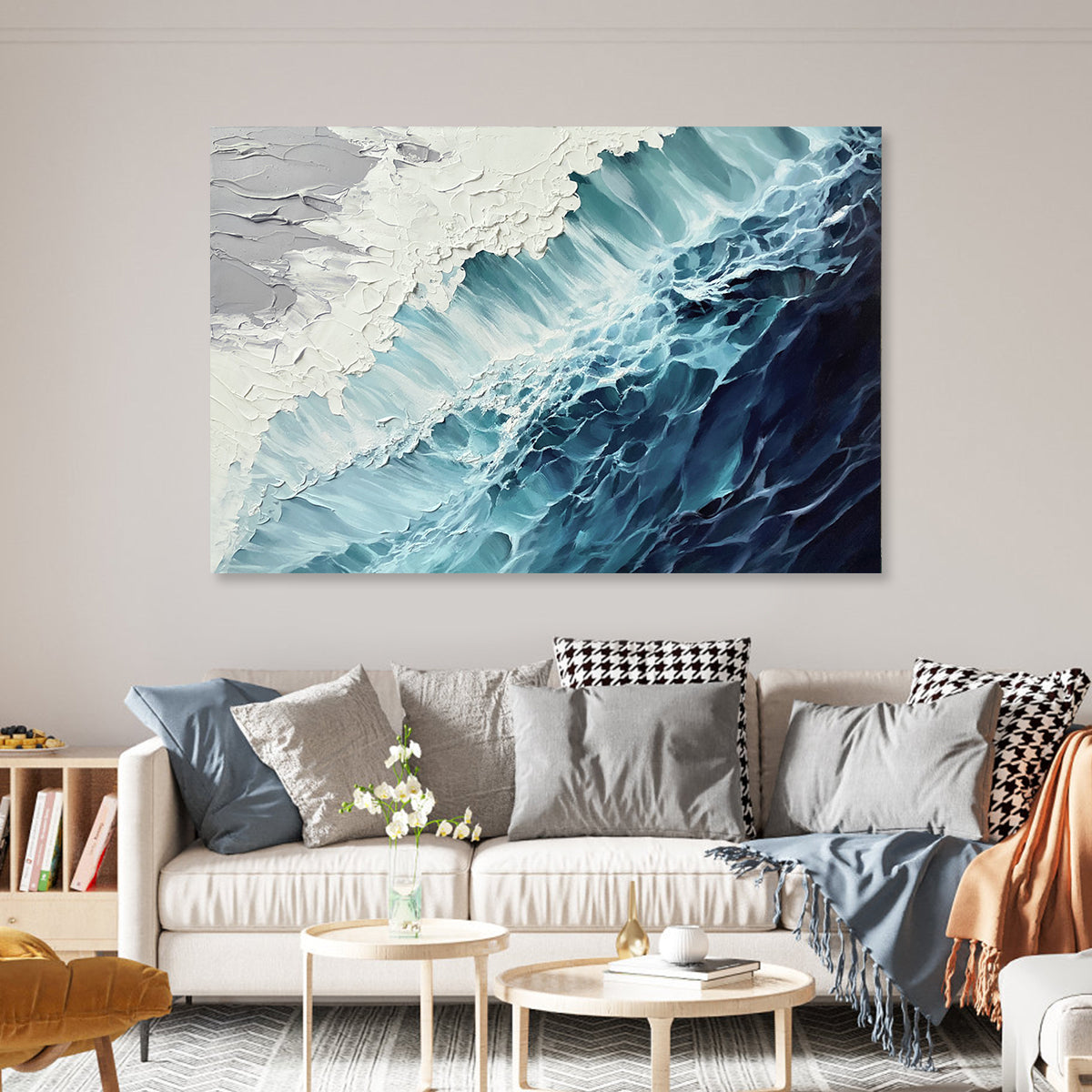 Tranquil Blue and Green Abstract Ocean Wave Oil Painting for Modern Home Decor