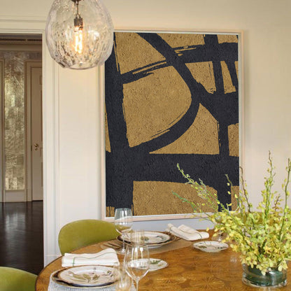 Gold and Black Abstract Minimalist Oil Painting for Modern Home Decor