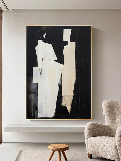 Abstract Black and White Minimalist Oil Painting for Modern Home Decor