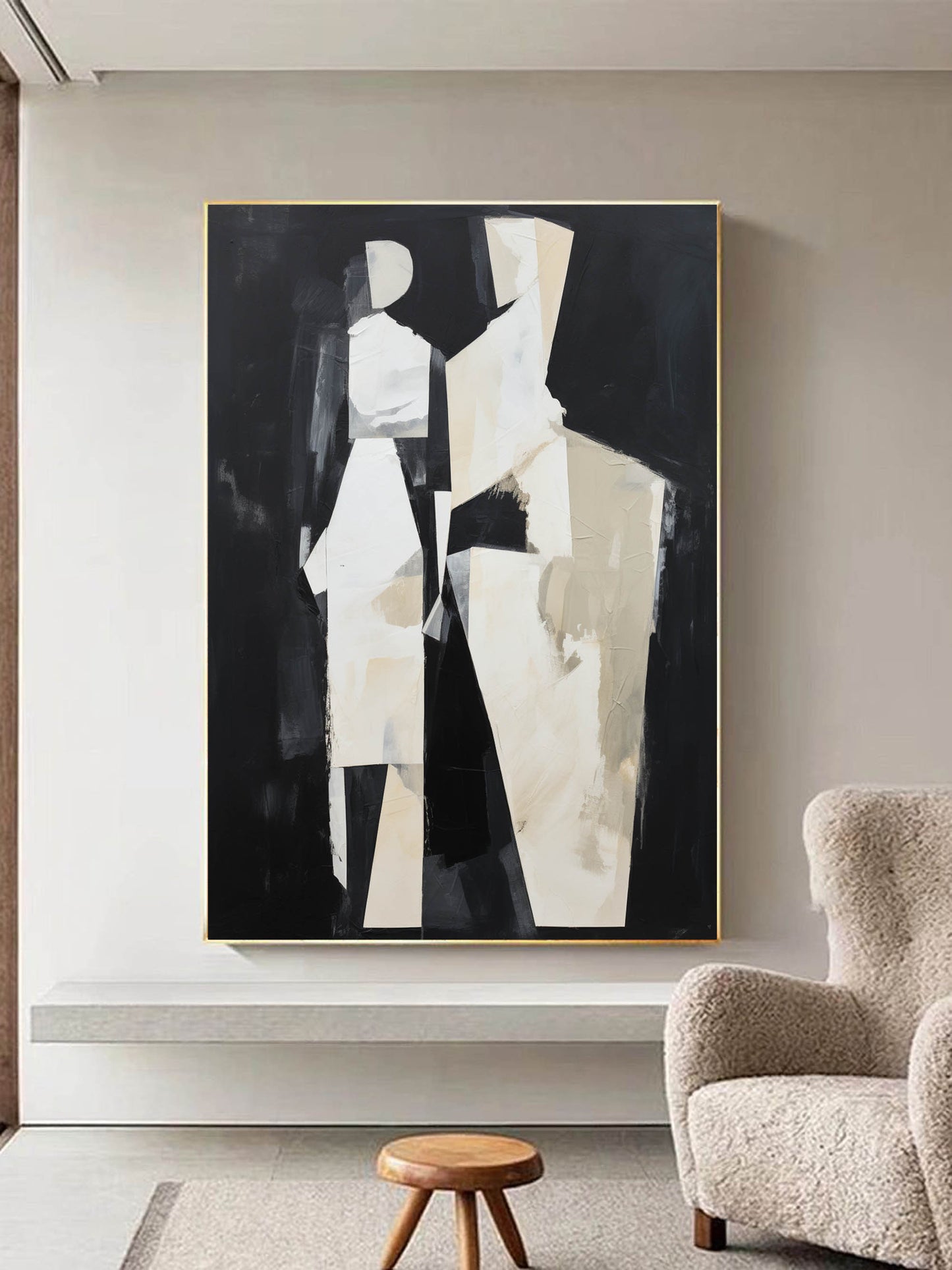 Abstract Black and White Minimalist Oil Painting for Modern Home Decor