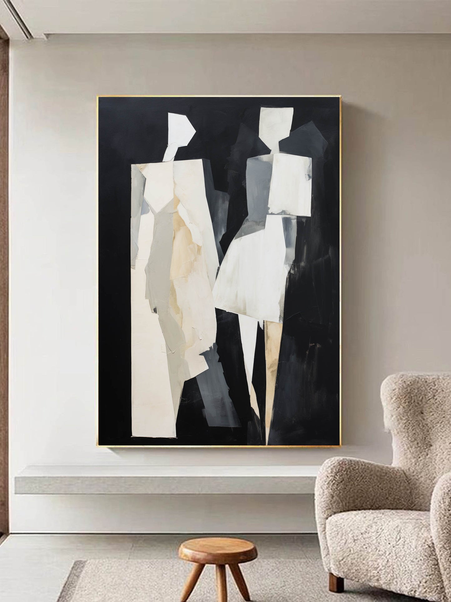 Abstract Minimalist Oil Painting of Figures in Monochrome Palette