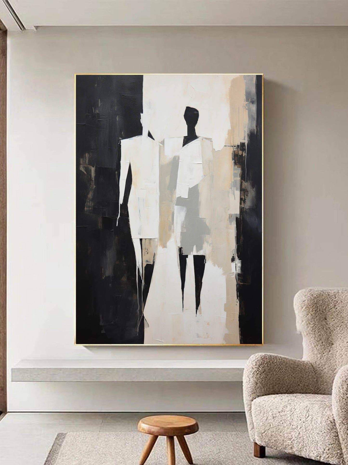 Abstract Figures in Black and White Minimalist Oil Painting for Modern Home Decor