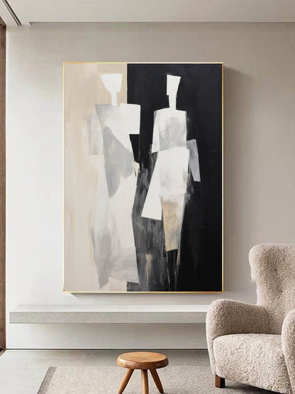Abstract Black and White Minimalist Oil Painting for Modern Home Decor