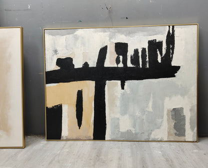 Abstract Wabi-Sabi Oil Painting in Black, White, and Beige for Modern Decor