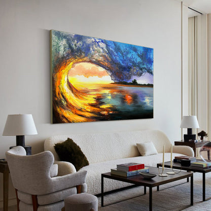Vibrant Sunset Over Ocean Wave Landscape Oil Painting for Home Decor
