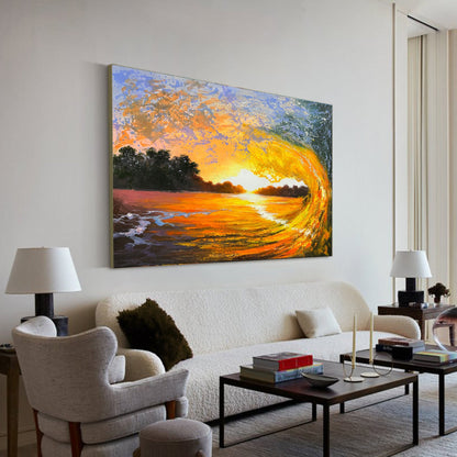 Vibrant Sunset Waves Oil Painting - Beautiful Coastal Wall Art