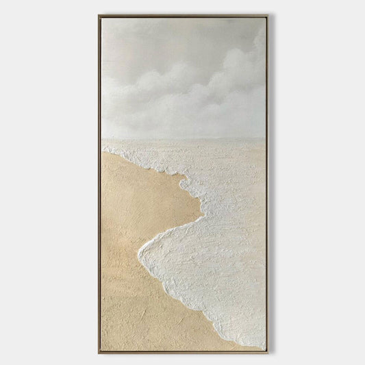 Textured Coastal Landscape Oil Painting with Beach and Cloudy Sky