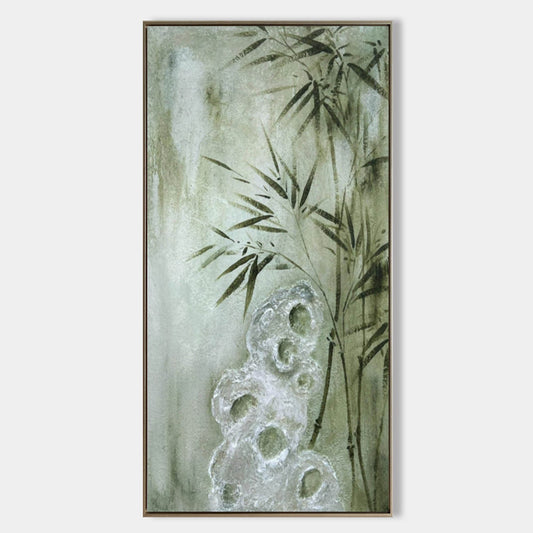 Serene Bamboo Oil Painting for Minimalist Home Decor and Wabi-Sabi Aesthetics