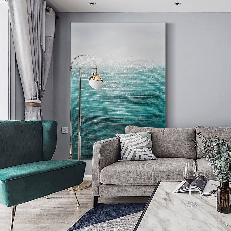 Tranquil Ocean Waves Oil Painting in Serene Blue and White Tones for Coastal Decor