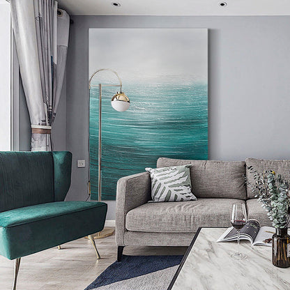Tranquil Ocean Waves Oil Painting in Serene Blue and White Tones for Coastal Decor