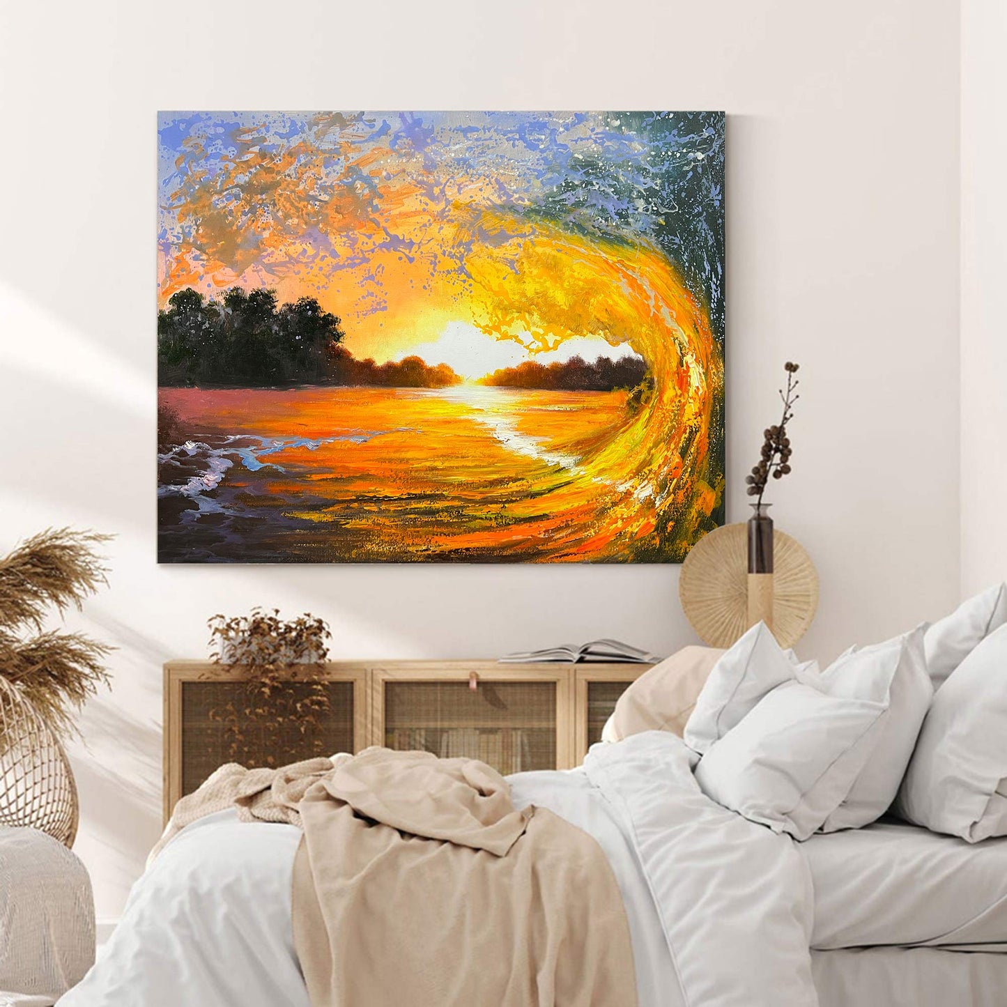 Vibrant Sunset Waves Oil Painting - Beautiful Coastal Wall Art