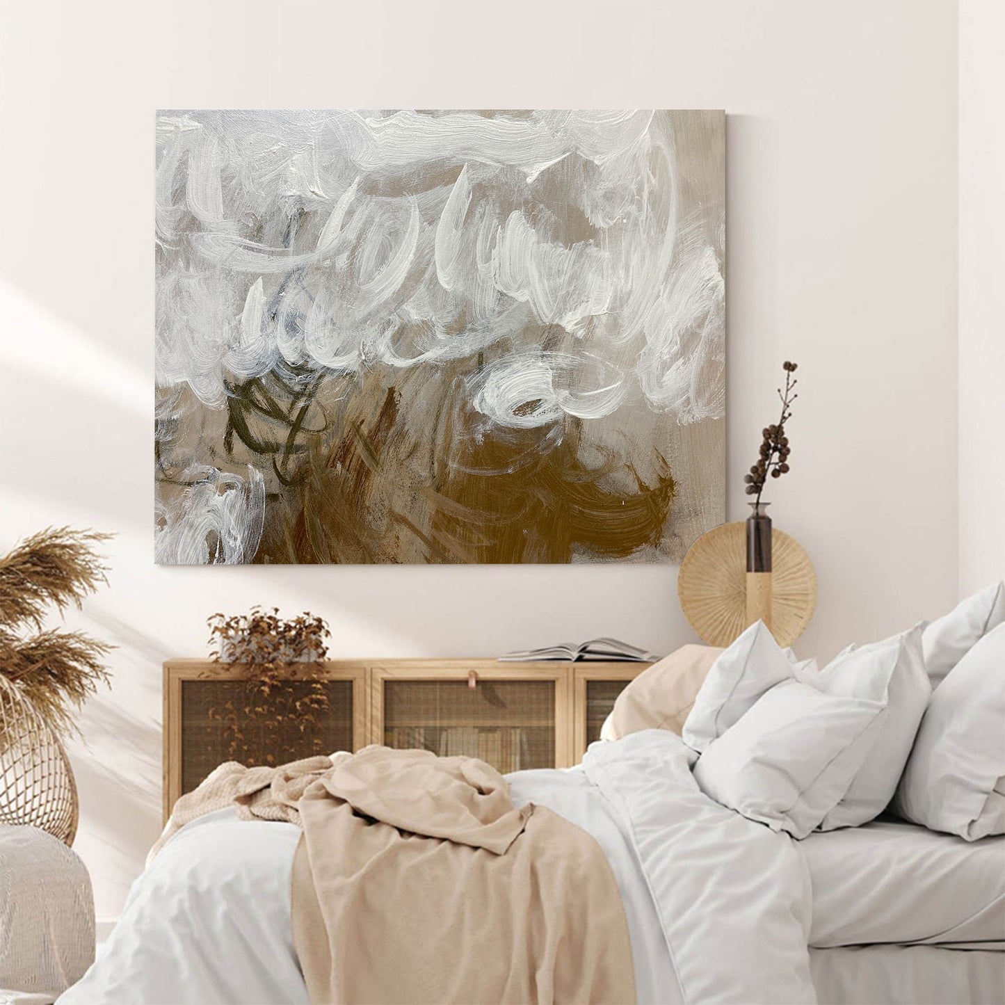 Contemporary Abstract Oil Painting with Dynamic Brushwork and Calming Tones