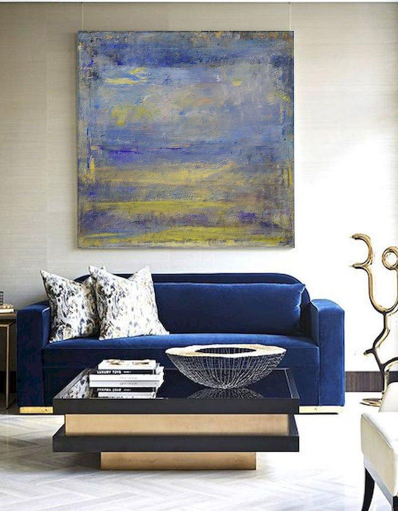 Vibrant Blue and Yellow Abstract Oil Painting for Modern Home Decor