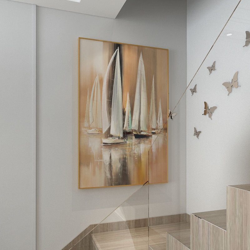 Serene Sailing: Captivating Oil Painting of Elegant Yachts on Tranquil Waters