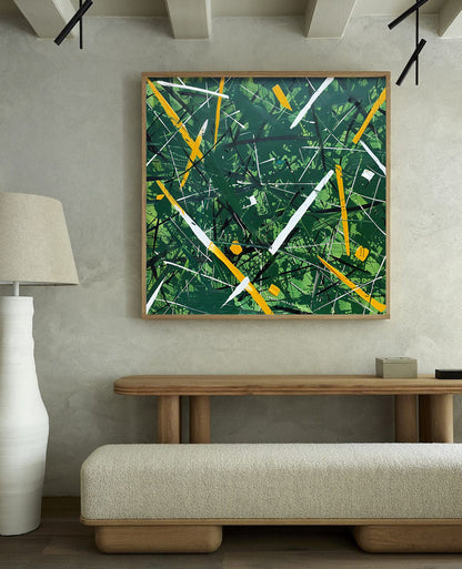 Vibrant Green Abstract Oil Painting with Bold Yellow and White Accents