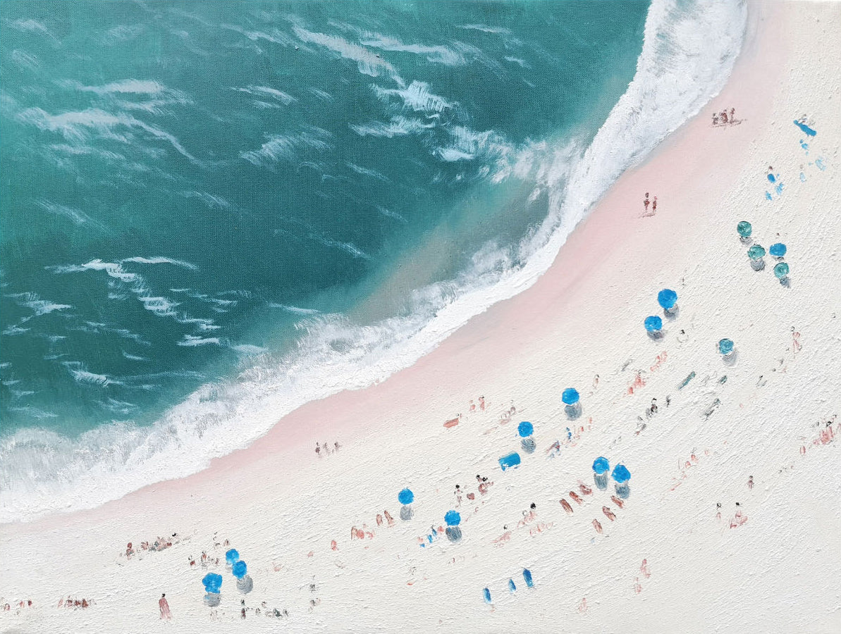 Serene Beachscape Oil Painting with Vibrant Ocean and Sunbathers