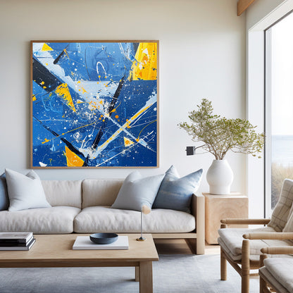 Vibrant Abstract Ocean Waves Oil Painting with Energetic Blue and Yellow Colors
