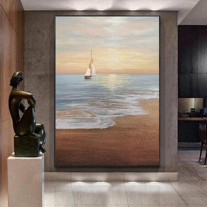 Tranquil Sailing Sunset on Ocean Waves - Serene Coastal Oil Painting