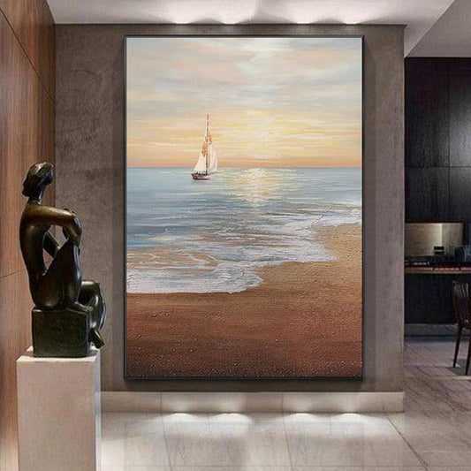 Tranquil Sailing Sunset on Ocean Waves - Serene Coastal Oil Painting