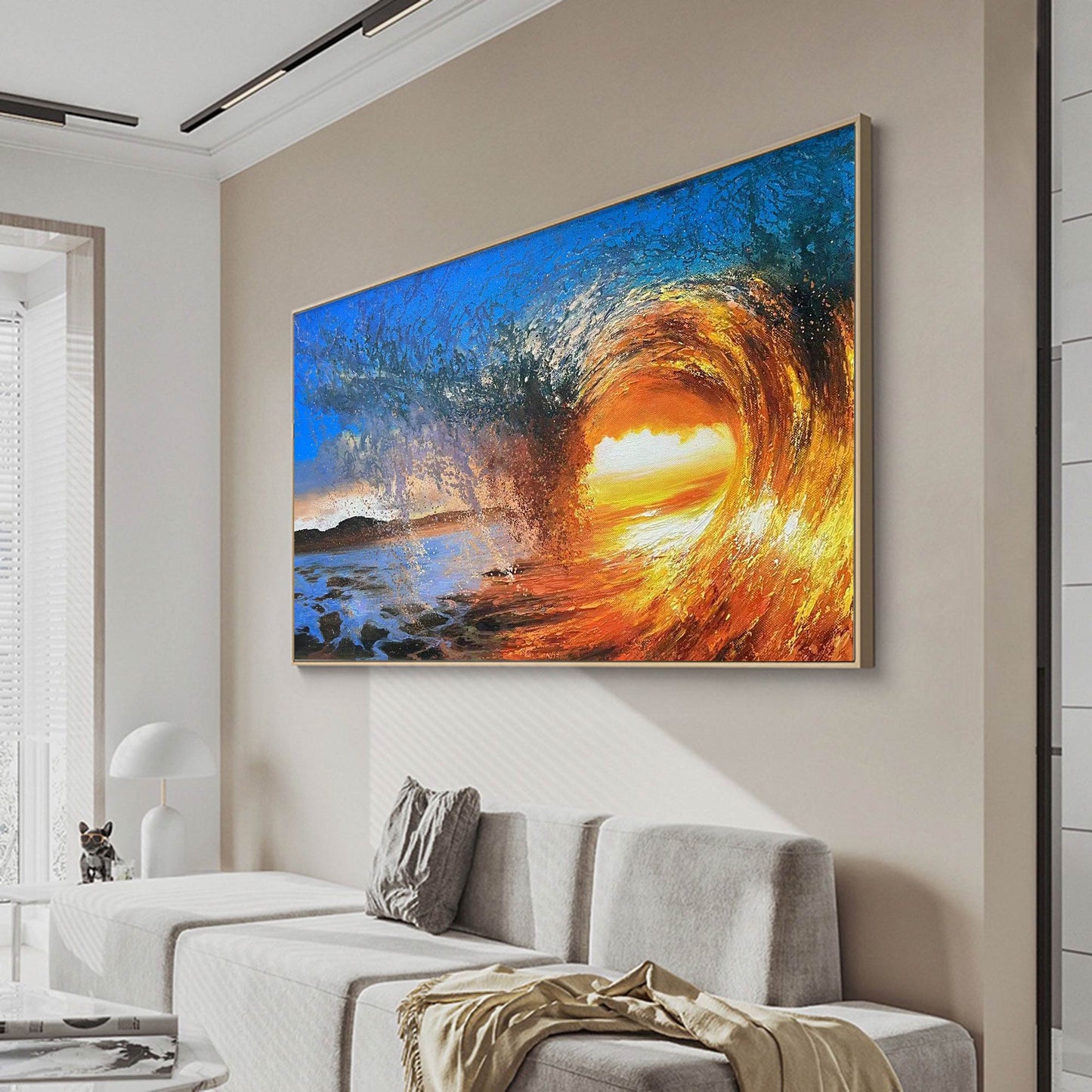 Vibrant Sunset Wave Over Ocean - Stunning Oil Painting for Beach Lovers