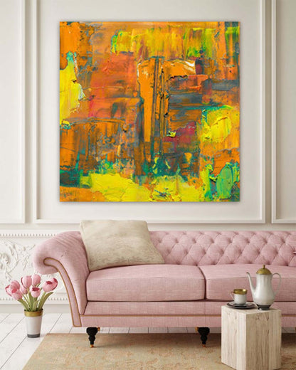 Vibrant Abstract Oil Painting in Orange and Yellow for Modern Home Decor