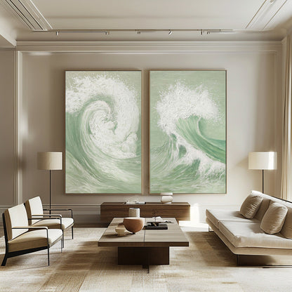 Elegant Green and White Abstract Wave Art for Modern Home Decor Set