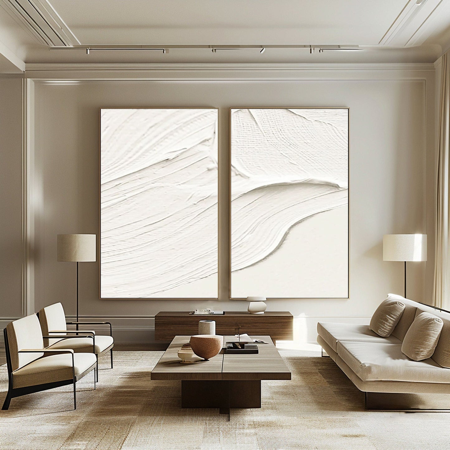 Elegant White Minimalist Abstract Oil Painting Duo for Modern Home Decor