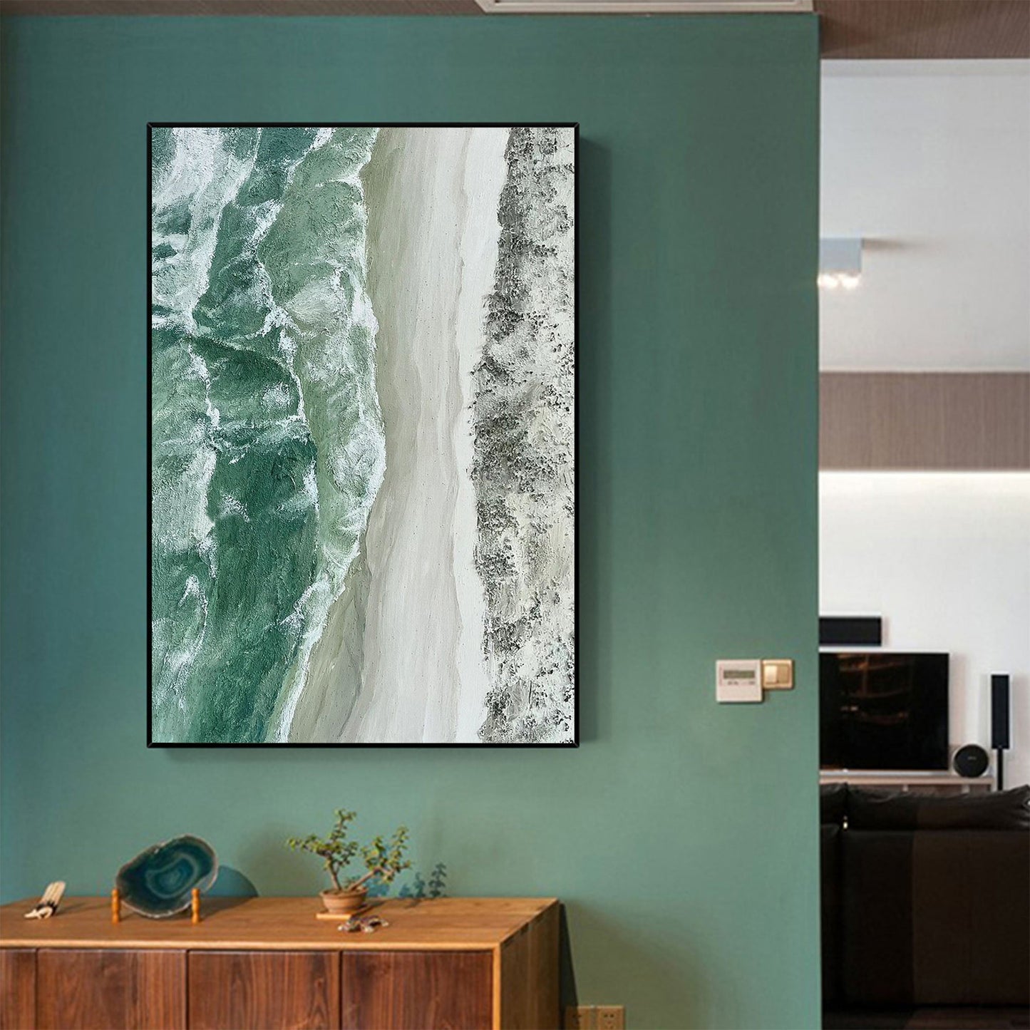 Serene Green Seascape Oil Painting for Coastal Home Decor