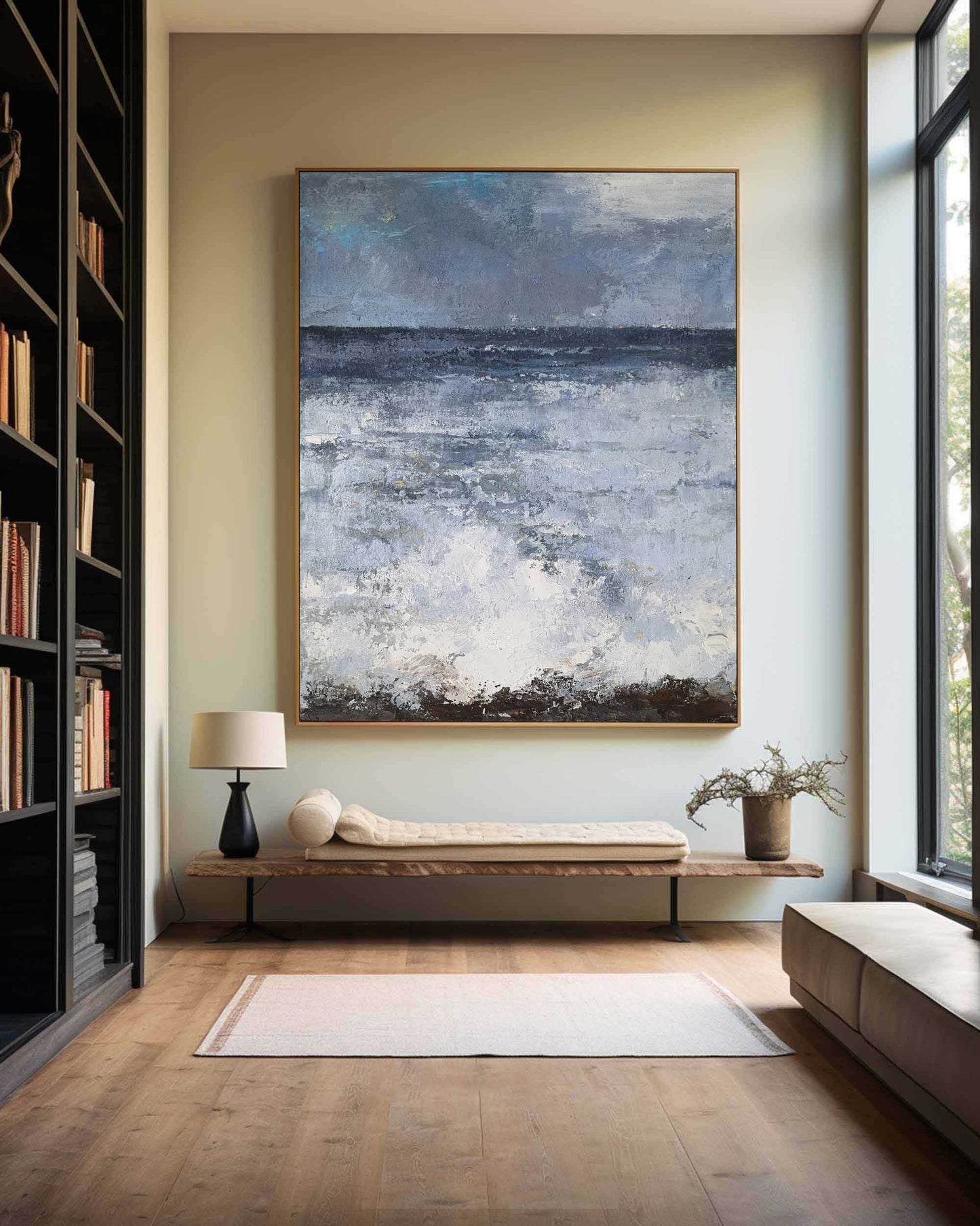 Tranquil Blue Ocean Waves Abstract Oil Painting for Coastal Decor