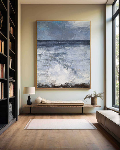 Tranquil Blue Ocean Waves Abstract Oil Painting for Coastal Decor