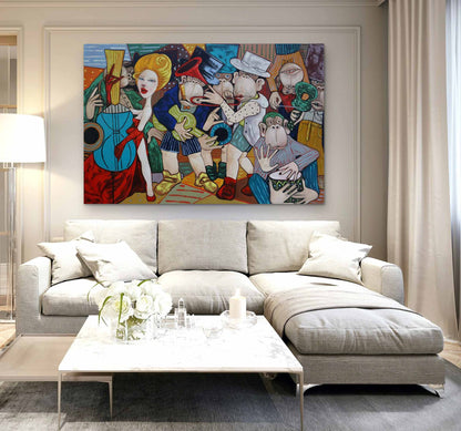 Colorful Pop Art Oil Painting of Musicians and Monkeys in Vibrant Abstract Style