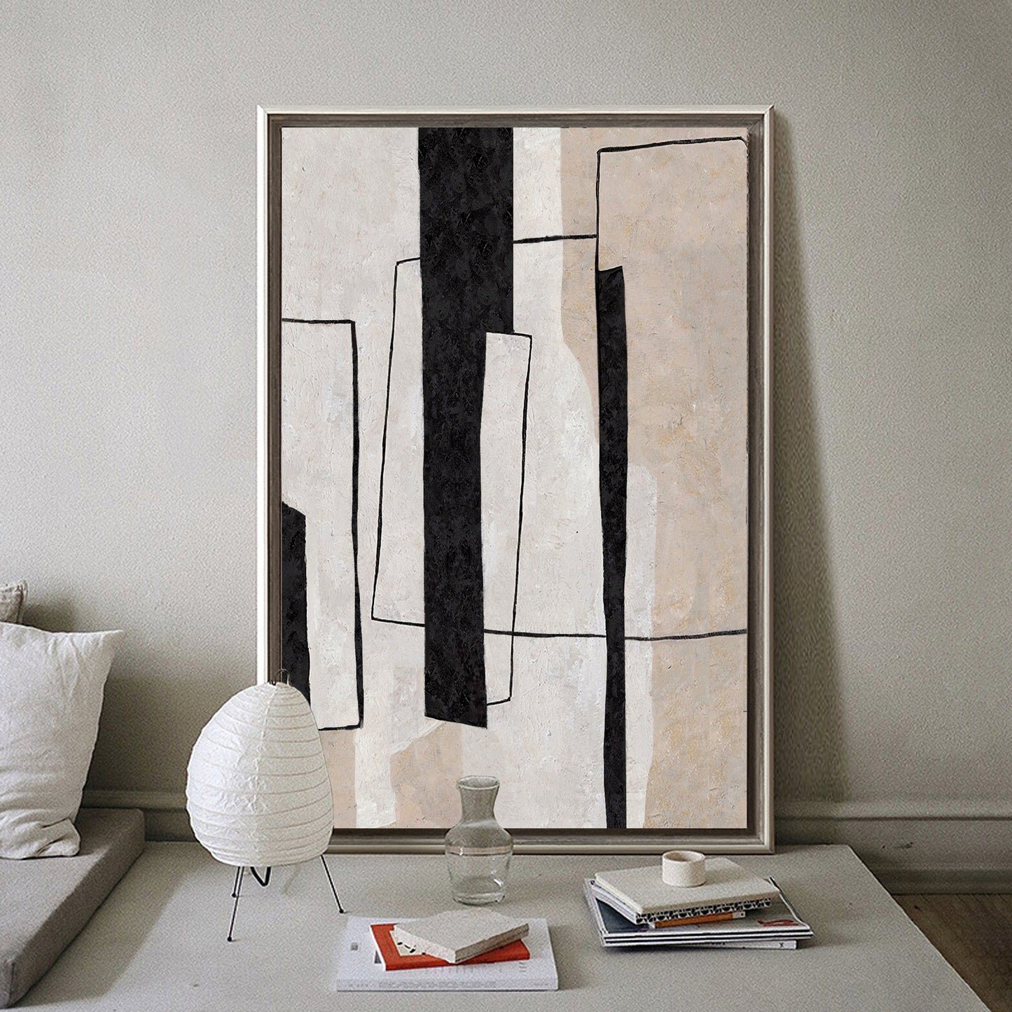 Contemporary Black and White Geometric Oil Painting for Modern Home Decor