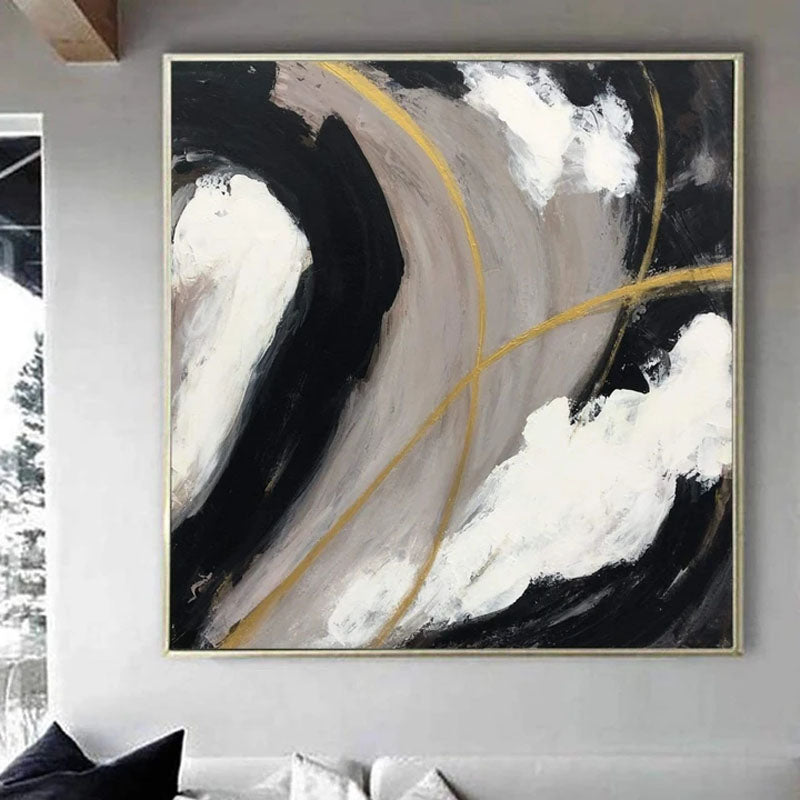 Abstract Oil Painting in Black, White, and Gold - Modern Home Decor Art