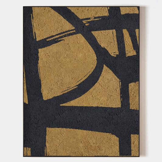 Gold and Black Abstract Minimalist Oil Painting for Modern Home Decor